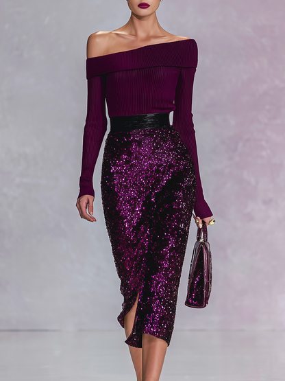 Elegant Sexy Off-shoulder Knit Ribbed Sequined Midi Dress
