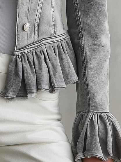 Fitted Grey Denim Jacket Women Ruffle Hem Peplum Flare Cuff Feminine