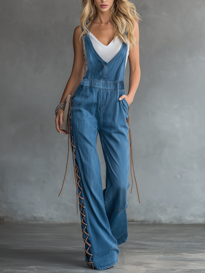 Retro-chic Casual V-neck Drawstring Wide-leg Denim Overalls