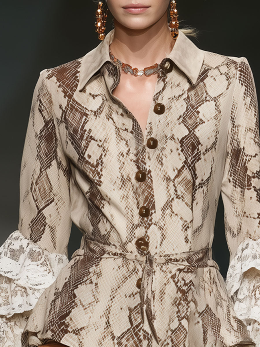 Fashionable Retro Lace Ruffle Snakeskin Beige Faux Suede Long-sleeved Shirt