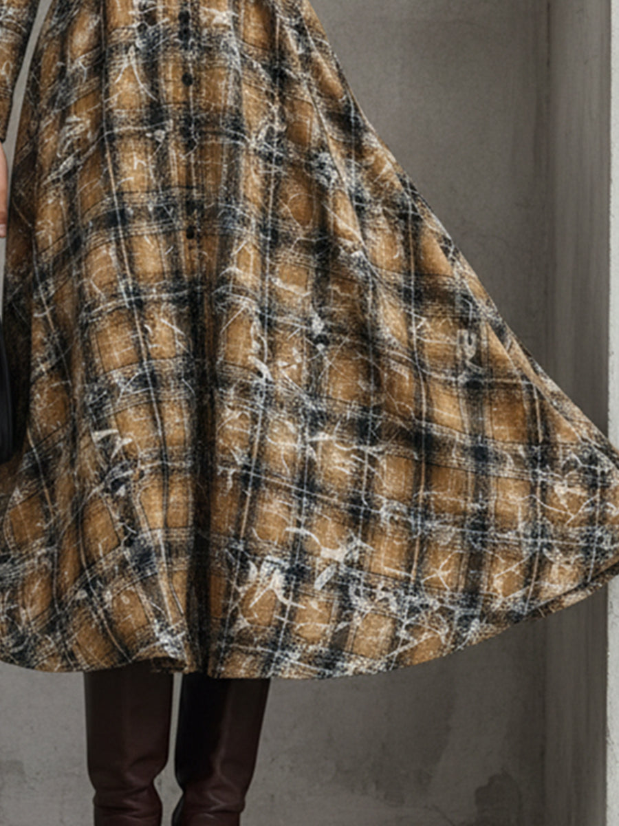 Retro Yellow And Black Printed Plaid Lapel Maxi Dress