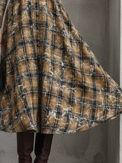 Retro Yellow And Black Printed Plaid Lapel Maxi Dress