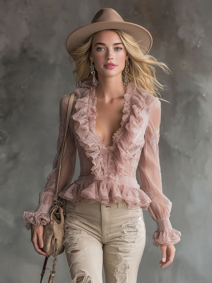 Elegant Pink Chiffon Lace Ruffled Shirt