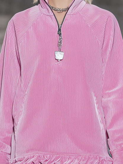 Western Pink Corduroy Zip-up Ruffle Mini Dress