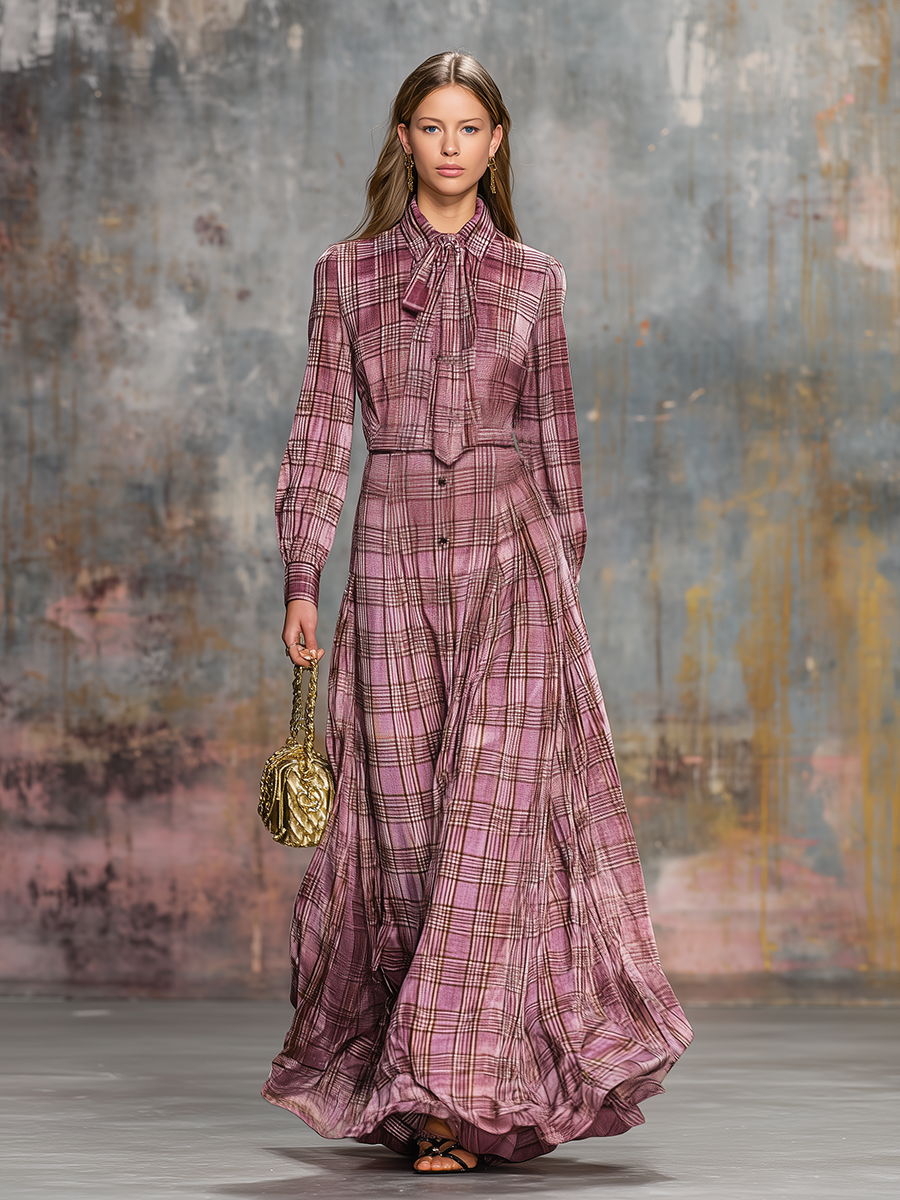 Retro Plaid Printed Velvet Maxi Dress