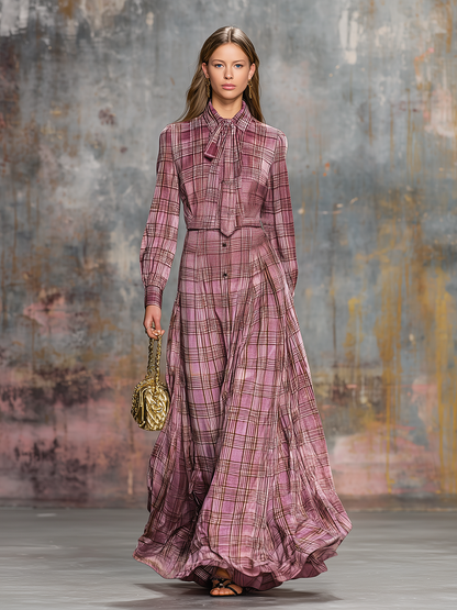 Retro Plaid Printed Velvet Maxi Dress