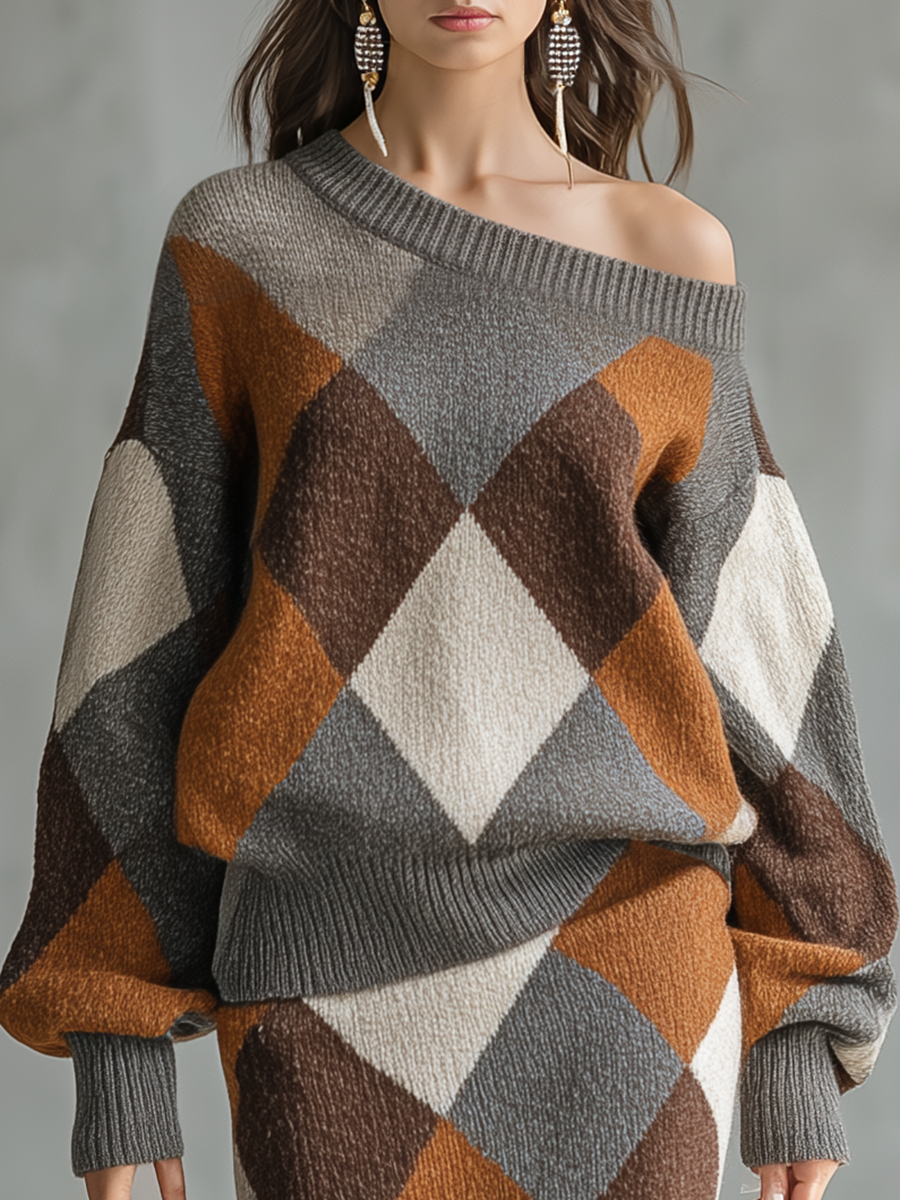 Charm Retro-style Elegant Color-blocked Diamond-patterned Knitted Top And Skirt Set