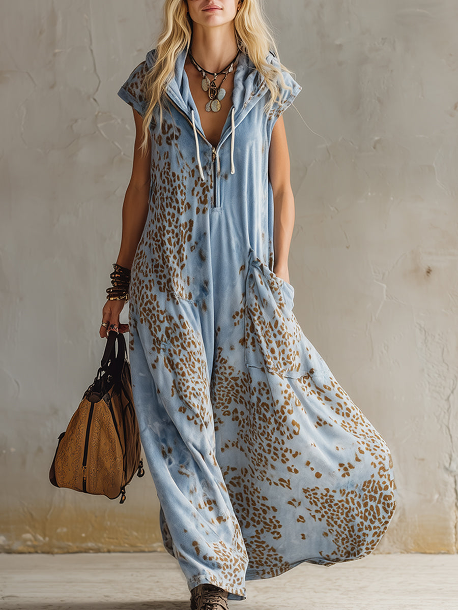 Stylish Urban Leopard Print Sky Blue Velvet Hooded Maxi Dress