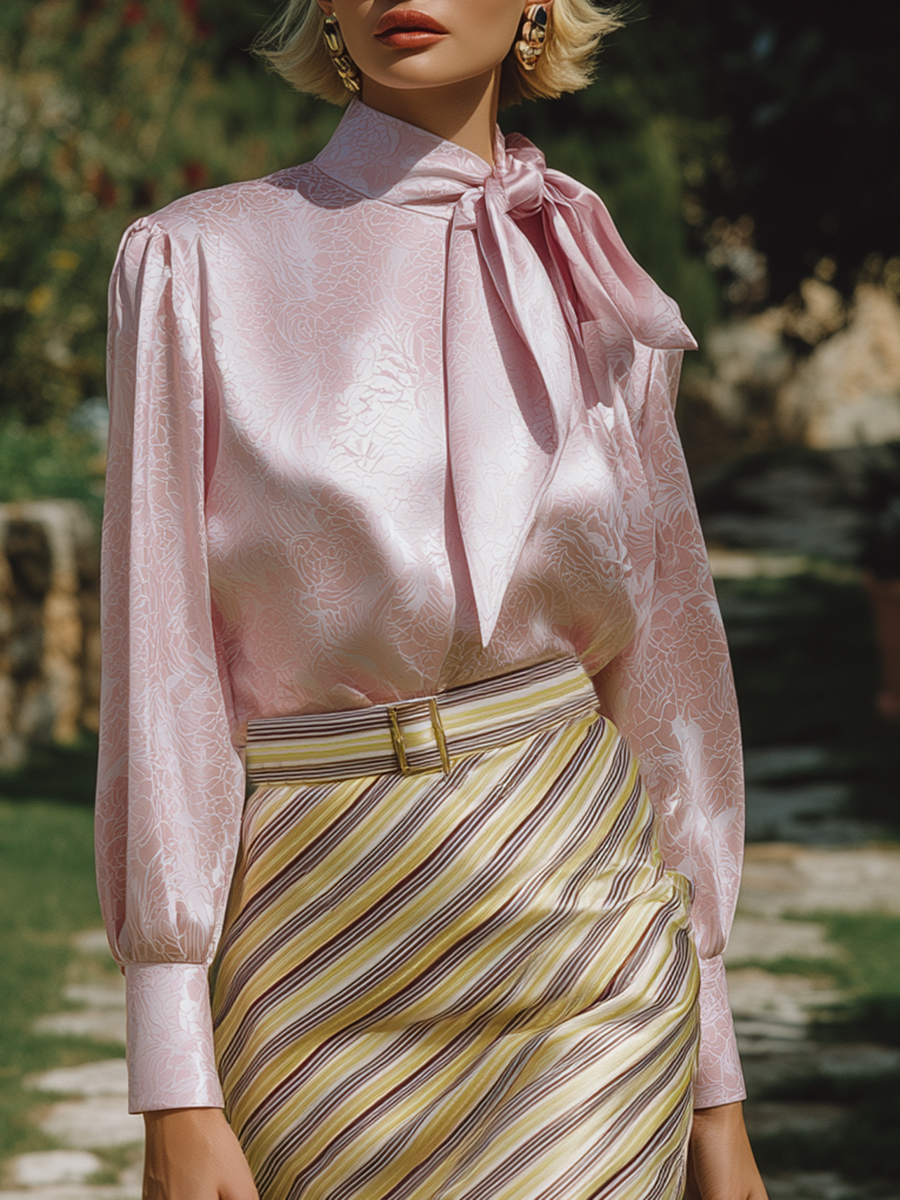 Elegant And Romantic Pink Rose Ribbon Shirt Striped Skirt Satin Set