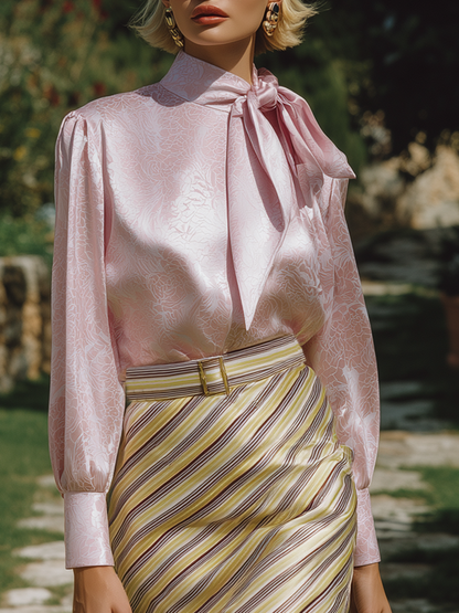 Elegant And Romantic Pink Rose Ribbon Shirt Striped Skirt Satin Set