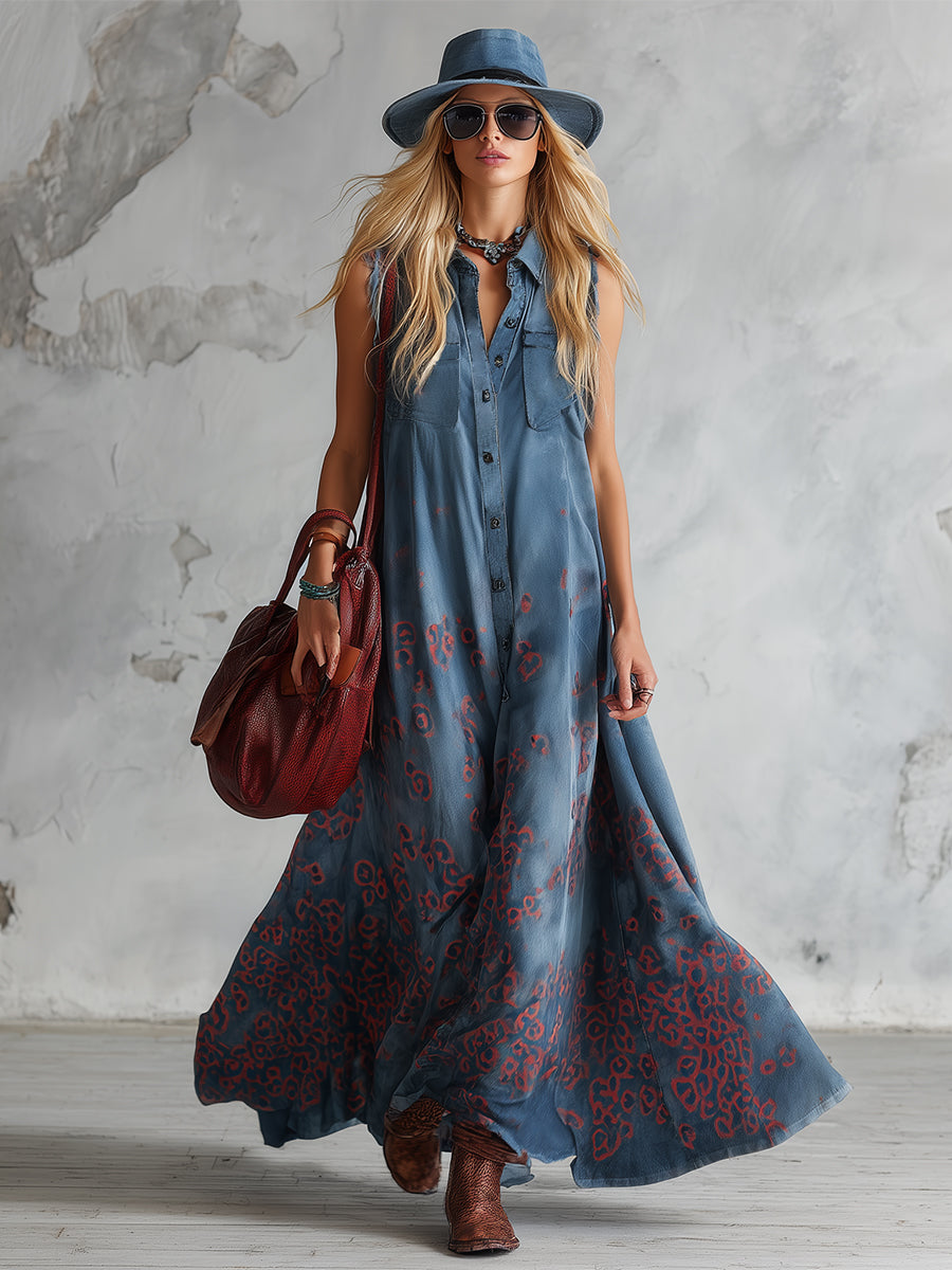Vintage Western Style Loose Blue Faux Suede Printed Sleeveless Maxi Dress