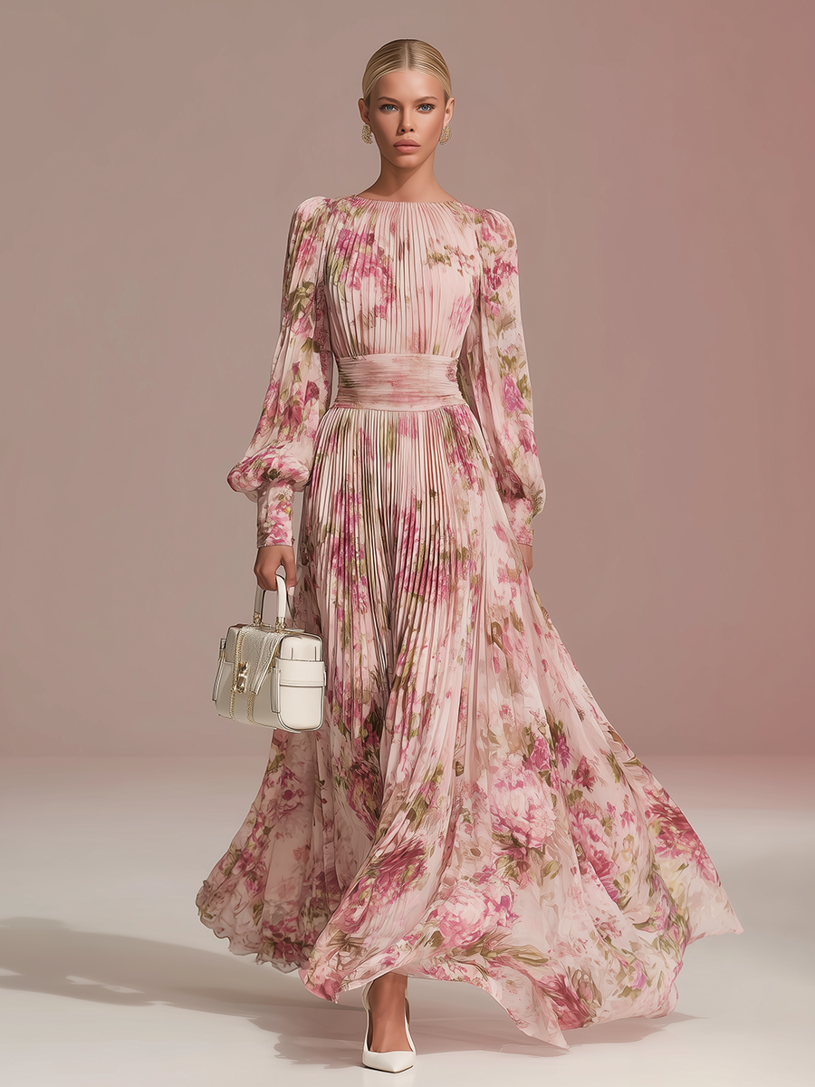 Elegant Floral Print Pleated Chiffon Maxi Dress
