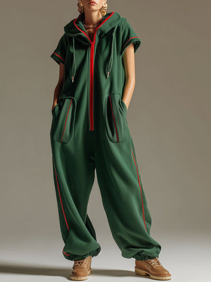 Loose-fitting Retro Sporty Dark Green Hooded Short-sleeved Jumpsuit