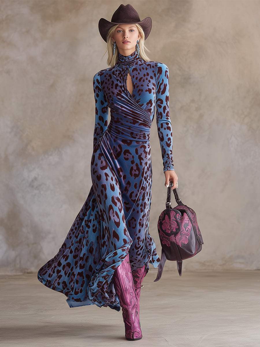 Stylish Urban Blue-Purple Leopard Print Stretch Velvet Maxi Dress