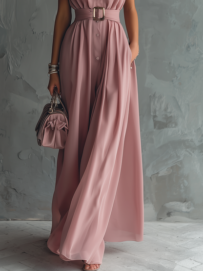 Stylish And Elegant Lapel Sleeveless Button-down Chiffon Long Dress