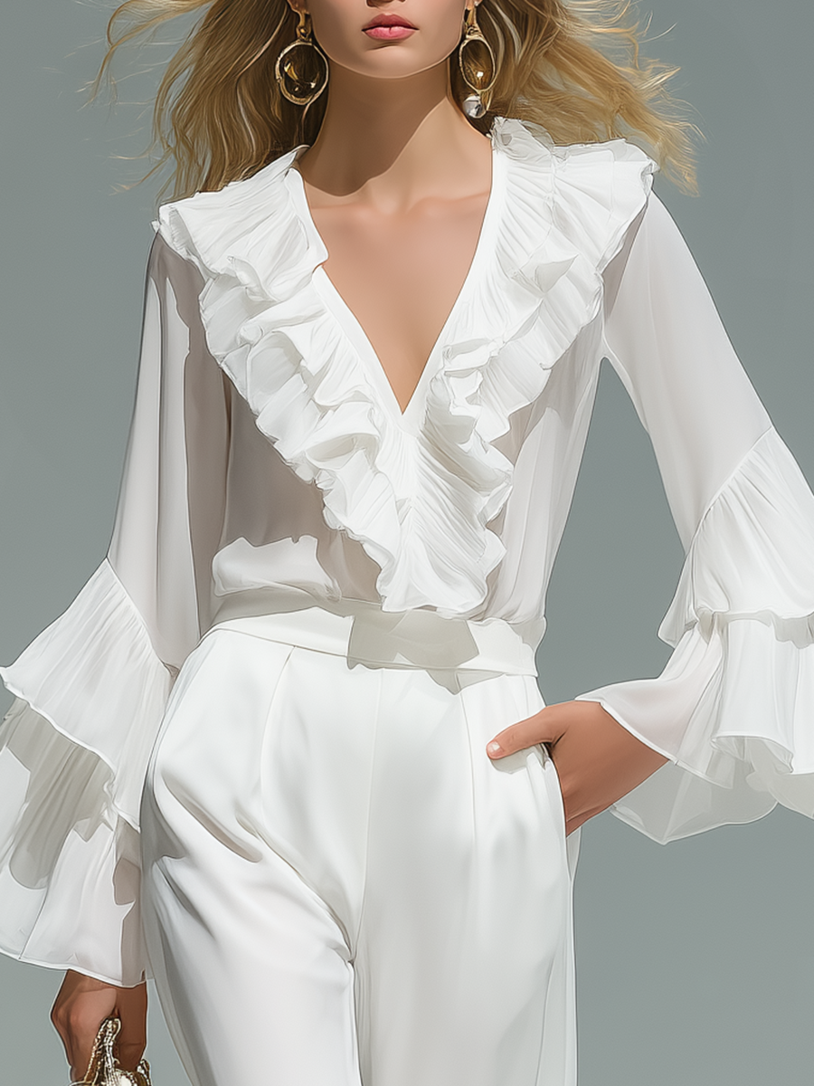 Stylish And Elegant V-neck Ruffled Flared Long-sleeved Top And Trousers Chiffon Set