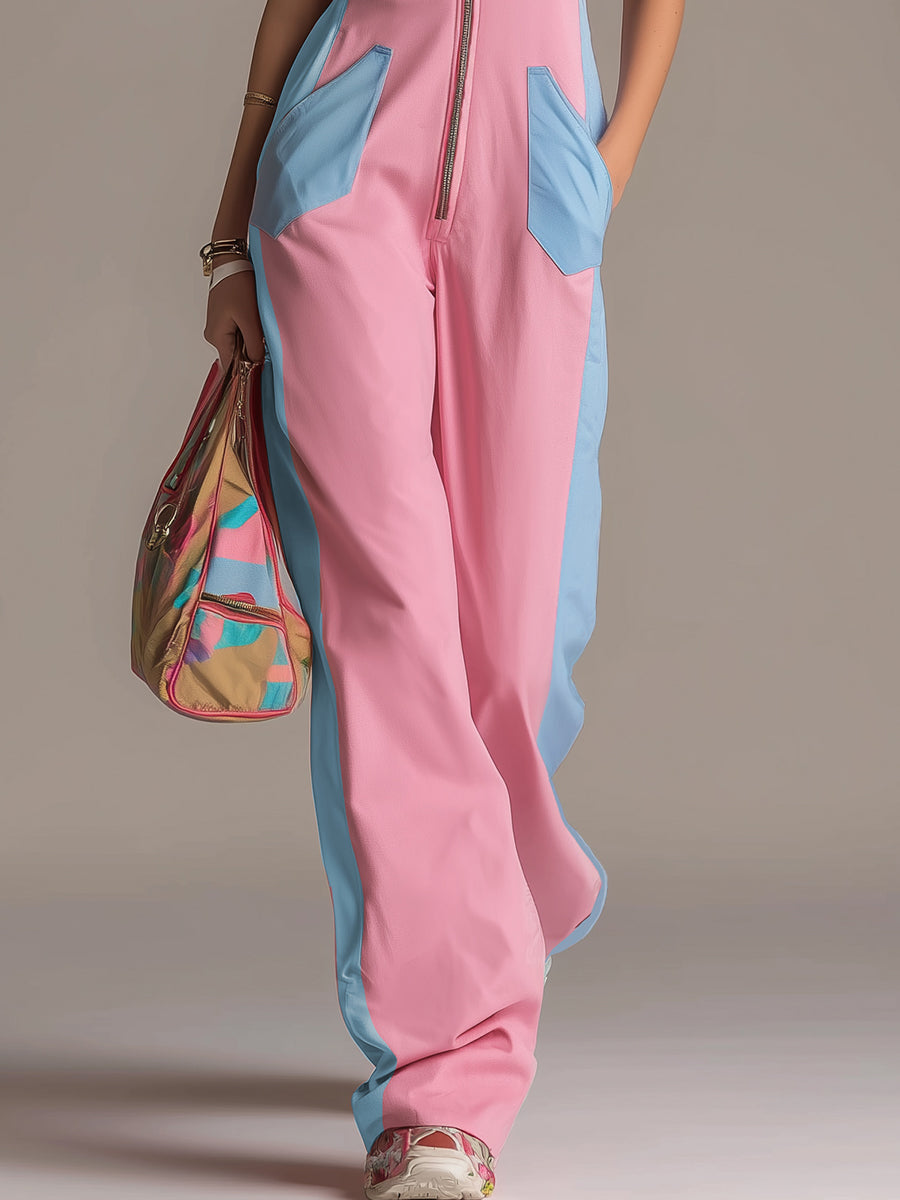 Sporty Trendy Color-blocked Zippered Collar Sleeveless Jumpsuit