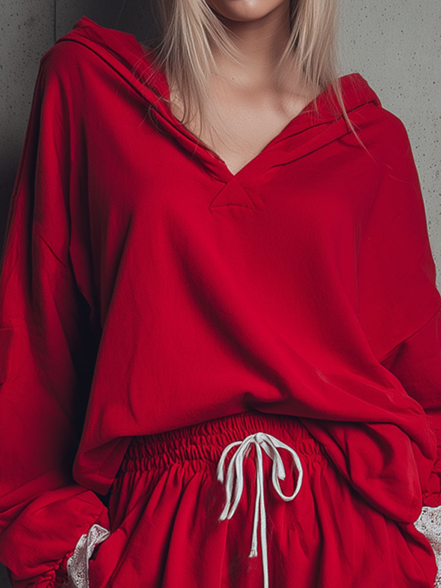 Lace-trimmed Loose-fitting Hooded Sweatshirt And Shorts Tracksuit Set