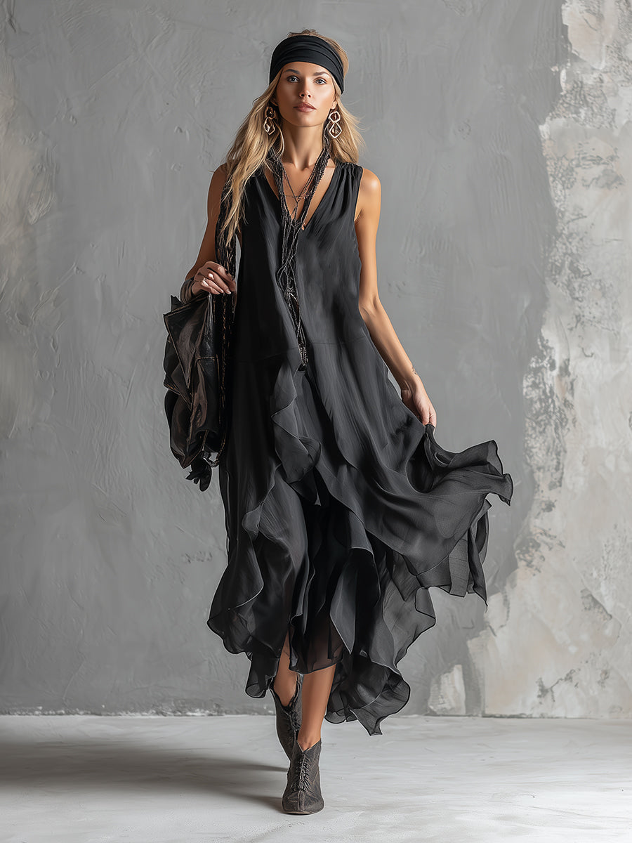 Urban Silhouette Black Chiffon Double-layered Skirt Sleeveless Maxi Dress