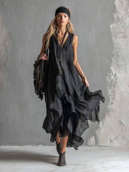 Urban Silhouette Black Chiffon Double-layered Skirt Sleeveless Maxi Dress
