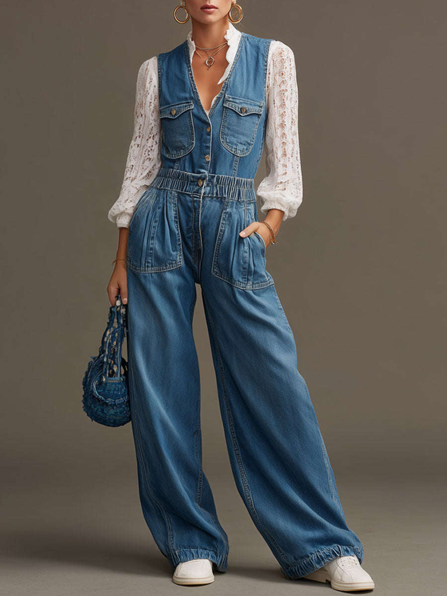 Fashionable Retro Blue Denim Elastic Waist Sleeveless Wide-leg Jumpsuit