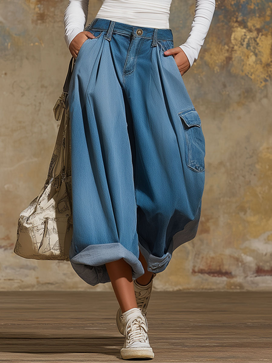 Retro Multi-pocket Wide-leg Cropped Denim Jeans