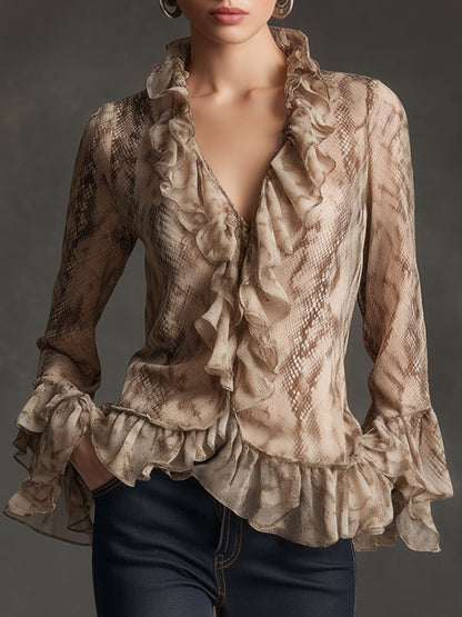 Fashionable Retro Snakeskin Light Camel Chiffon Ruffled Long-sleeved Shirt