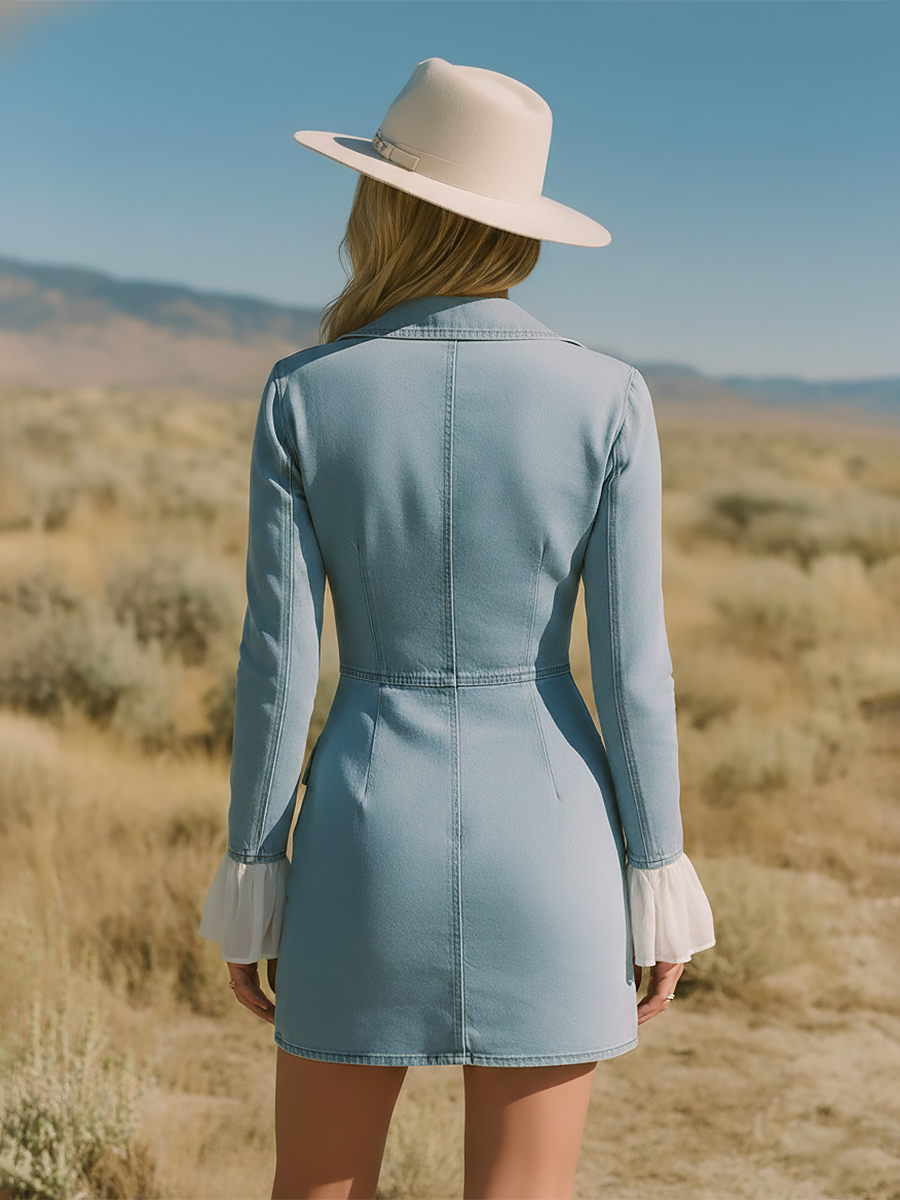 Retro Lapel Double-breasted Denim Mini Dress