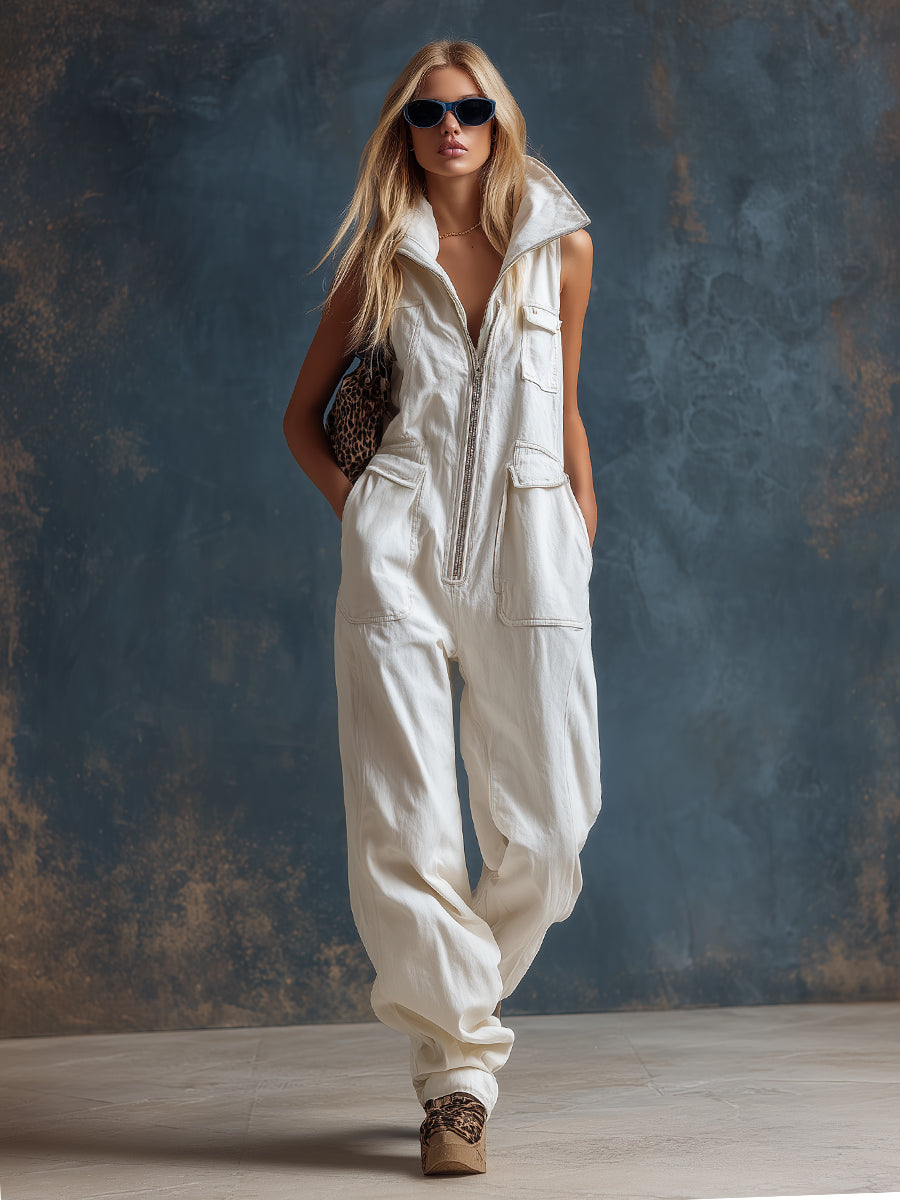 Stylish Silhouette White Denim Sleeveless Jumpsuit