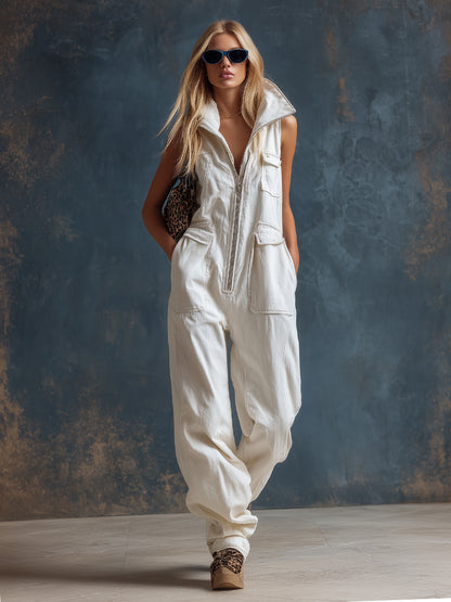 Stylish Silhouette White Denim Sleeveless Jumpsuit