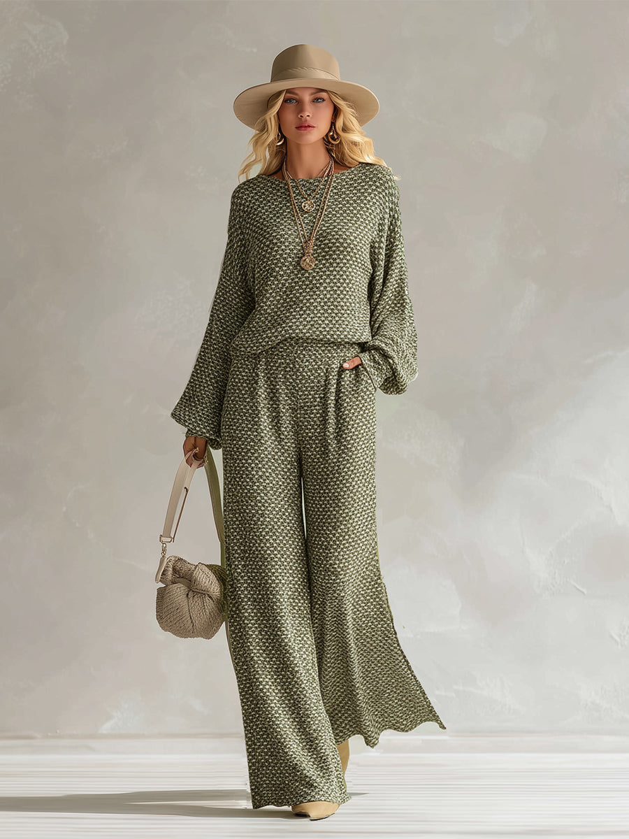 Elegant And Comfortable Olive Green Textured Thin Knit Top And Wide-leg Pants Set