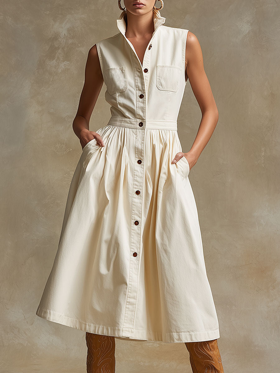 Retro Casual Off-white Stand-collar Sleeveless Denim Midi Dress