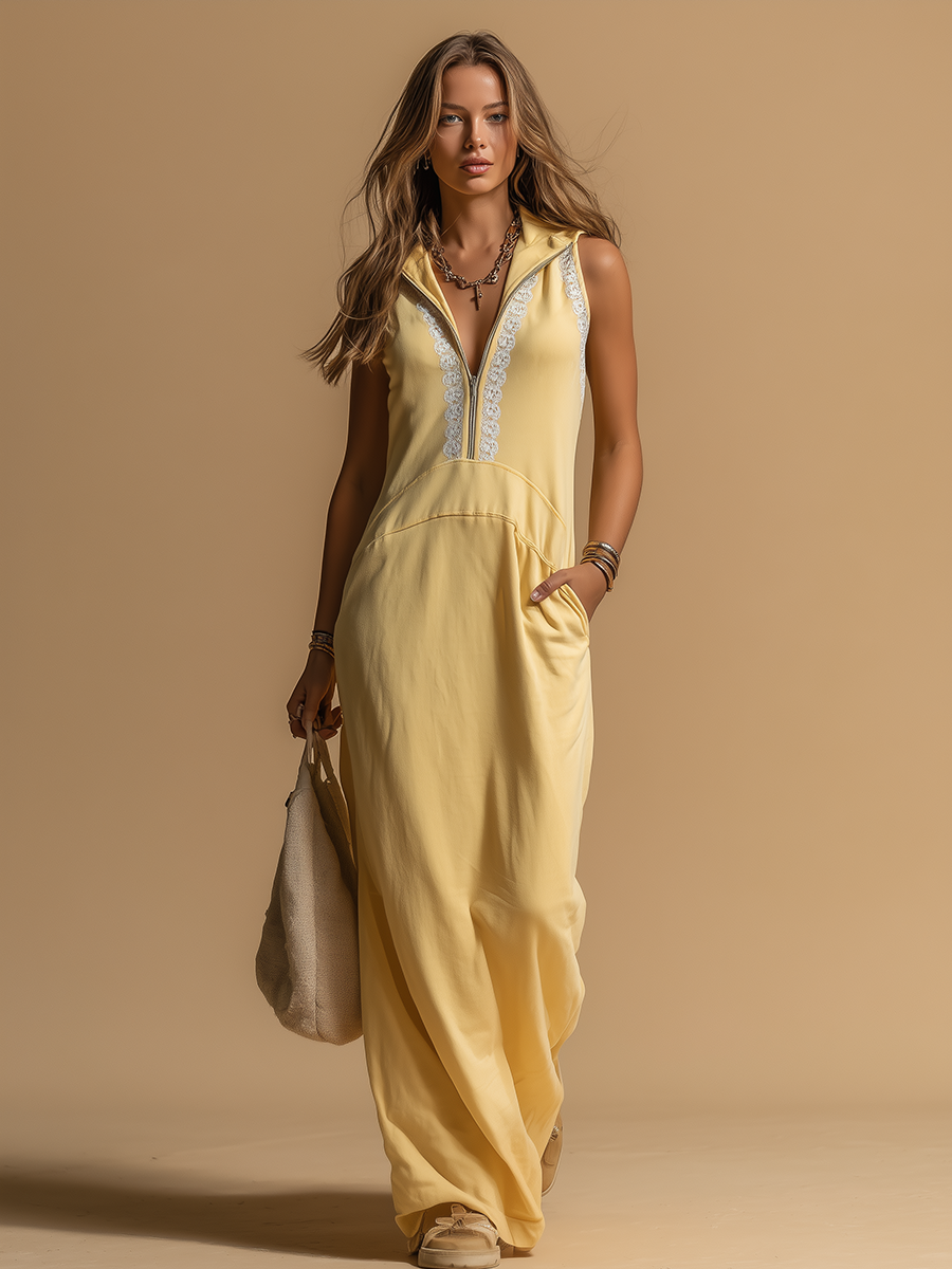 Sporty Comfortable Hooded Lace-trimmed Sleeveless Maxi Dress