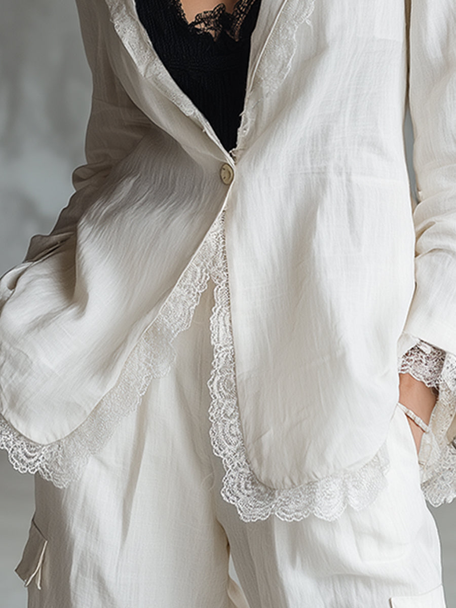 Elegant And Versatile Lace Trim White Cotton And Linen Lightweight Blazer