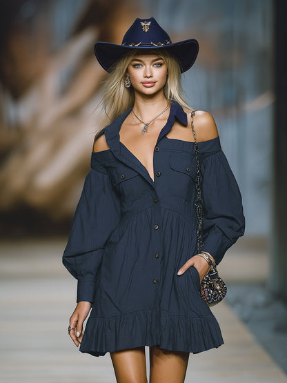 Retro-style Lapel Off-the-shoulder Long-sleeved Ruffled Mini Dress