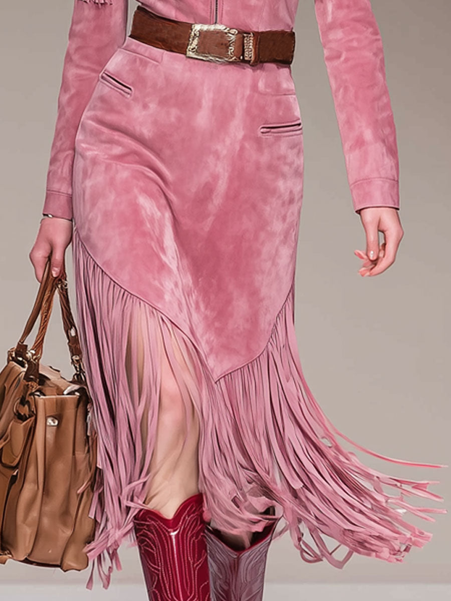 Western Retro Tassel Pink Faux Suede Long-Sleeved Midi Dress