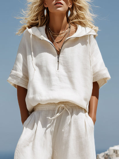 Vacation Retro White Cotton Linen Short-Sleeve Hooded Top And Balloon Pants Set