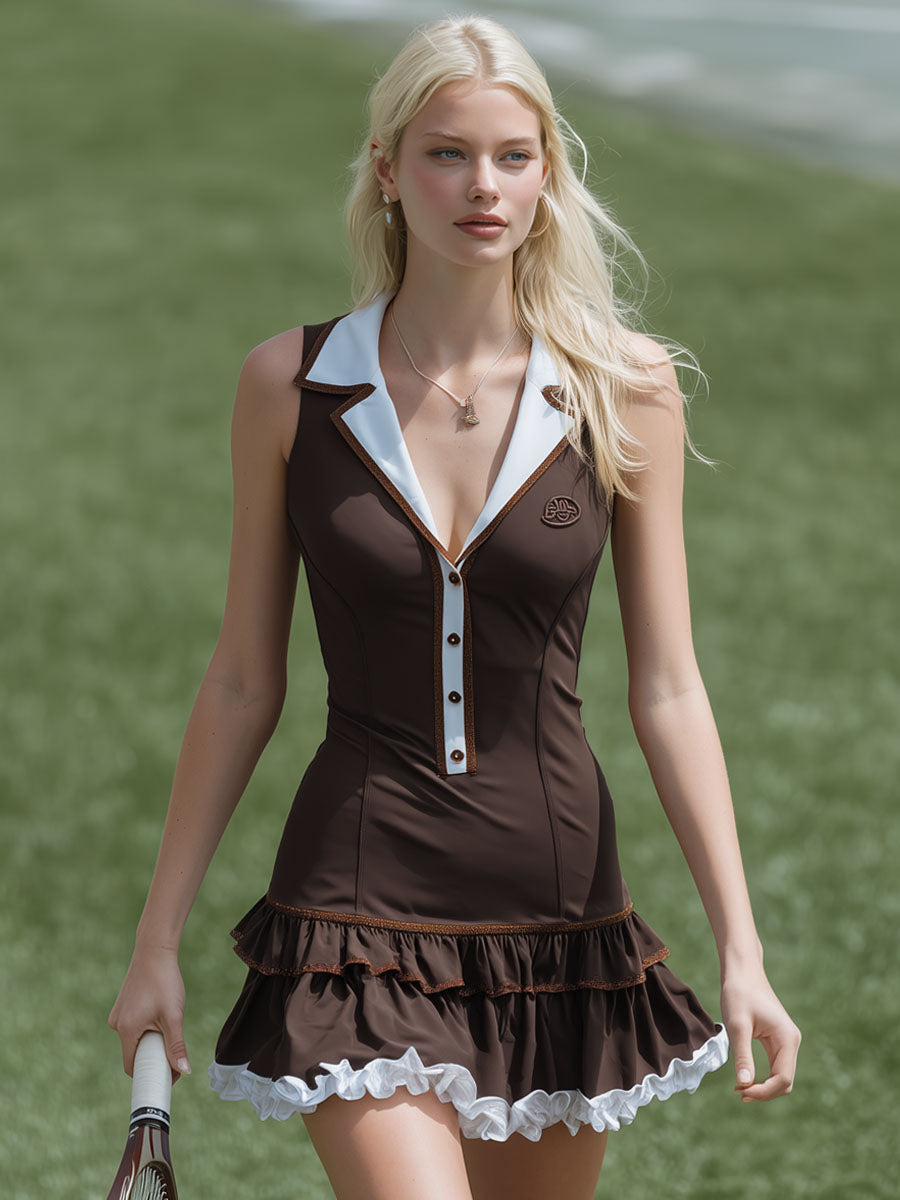 Collared Button-down Color-blocked Ruffle Sleeveless Mini Dress