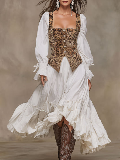 Fashionable Retro Faux Two-piece Leopard Print Faux Suede Vest White Cotton Maxi Dress