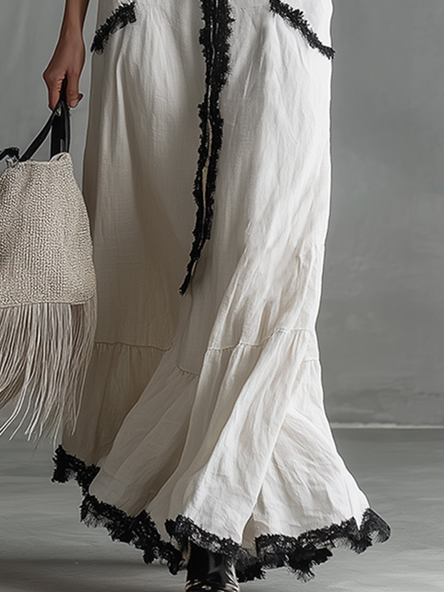 Elegant Urban Style Lace-trimmed White Cotton And Linen Sleeveless Maxi Dress