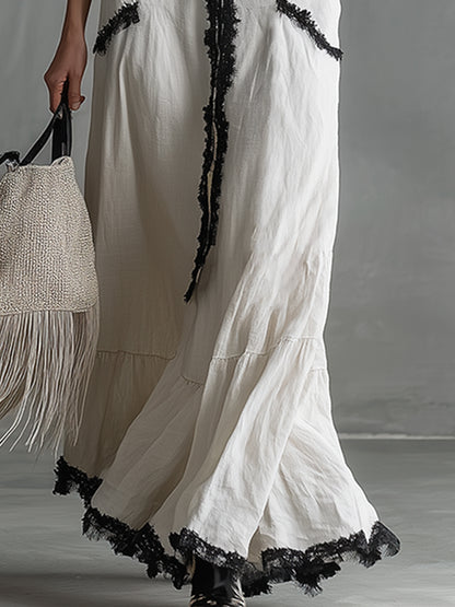 Elegant Urban Style Lace-trimmed White Cotton And Linen Sleeveless Maxi Dress