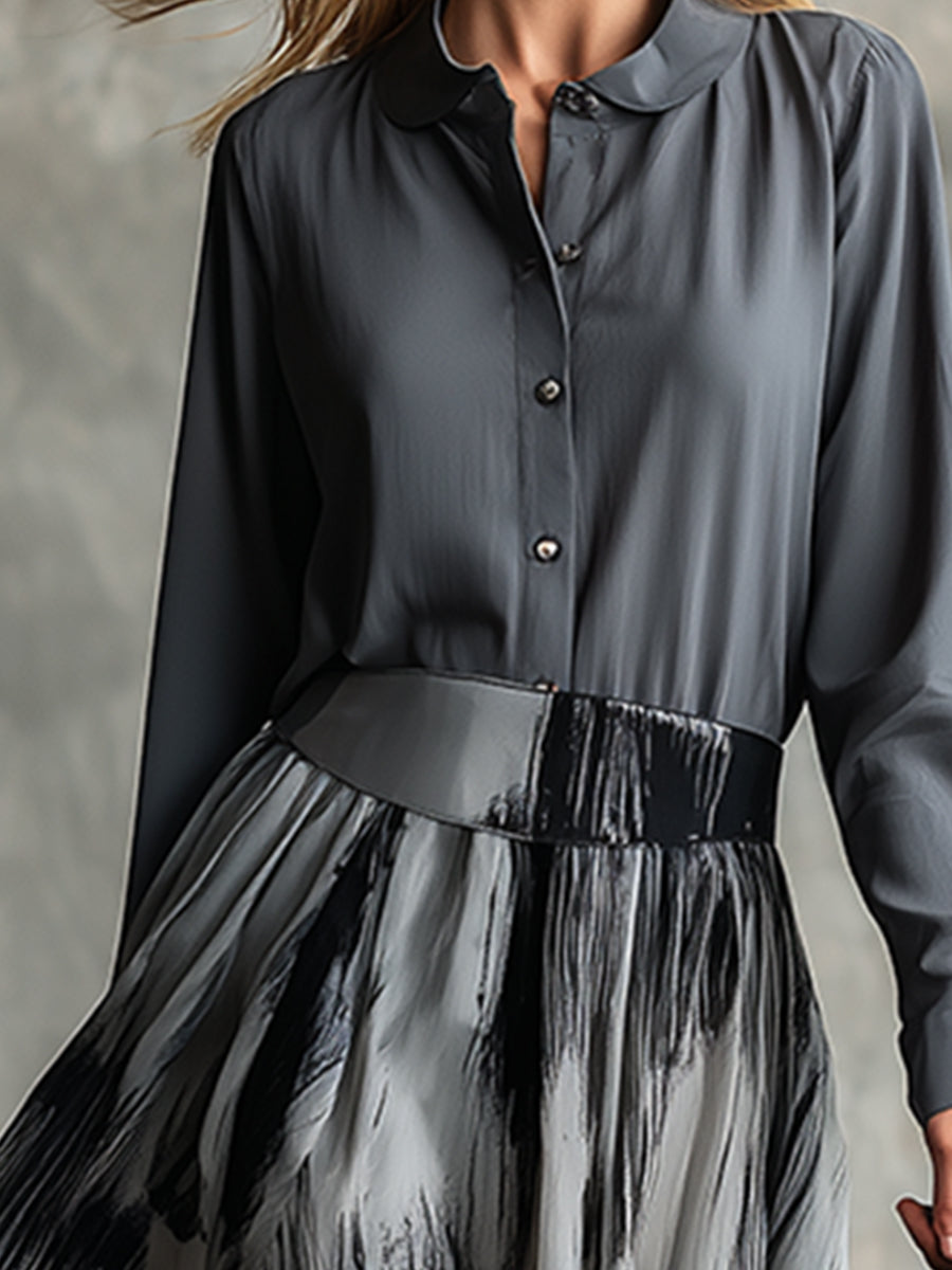 Artistic Grey Cotton Patchwork Chiffon Printed Maxi Dress