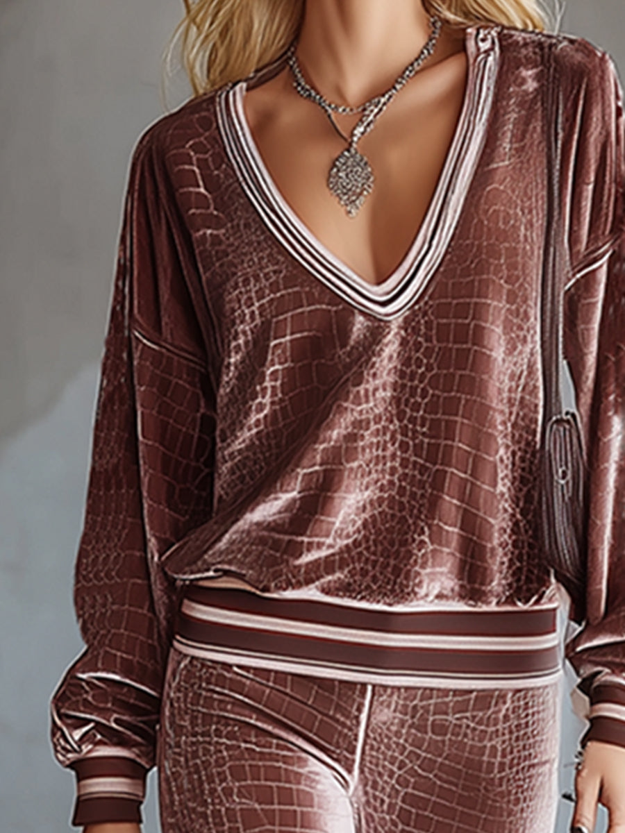 Casual Loose-fitting Crocodile Print Champagne Pink Velvet Top And Flared Pants Set