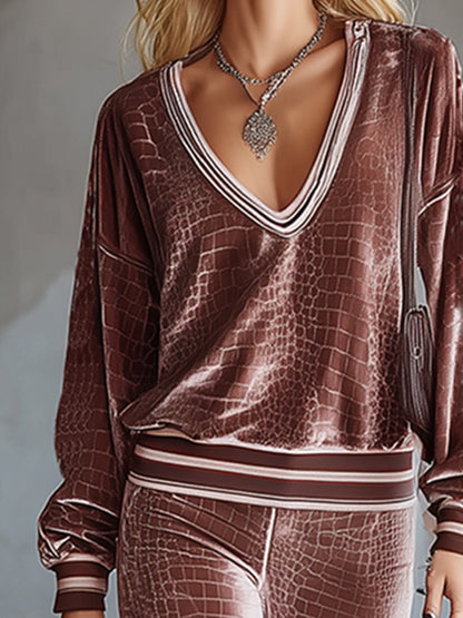 Casual Loose-fitting Crocodile Print Champagne Pink Velvet Top And Flared Pants Set