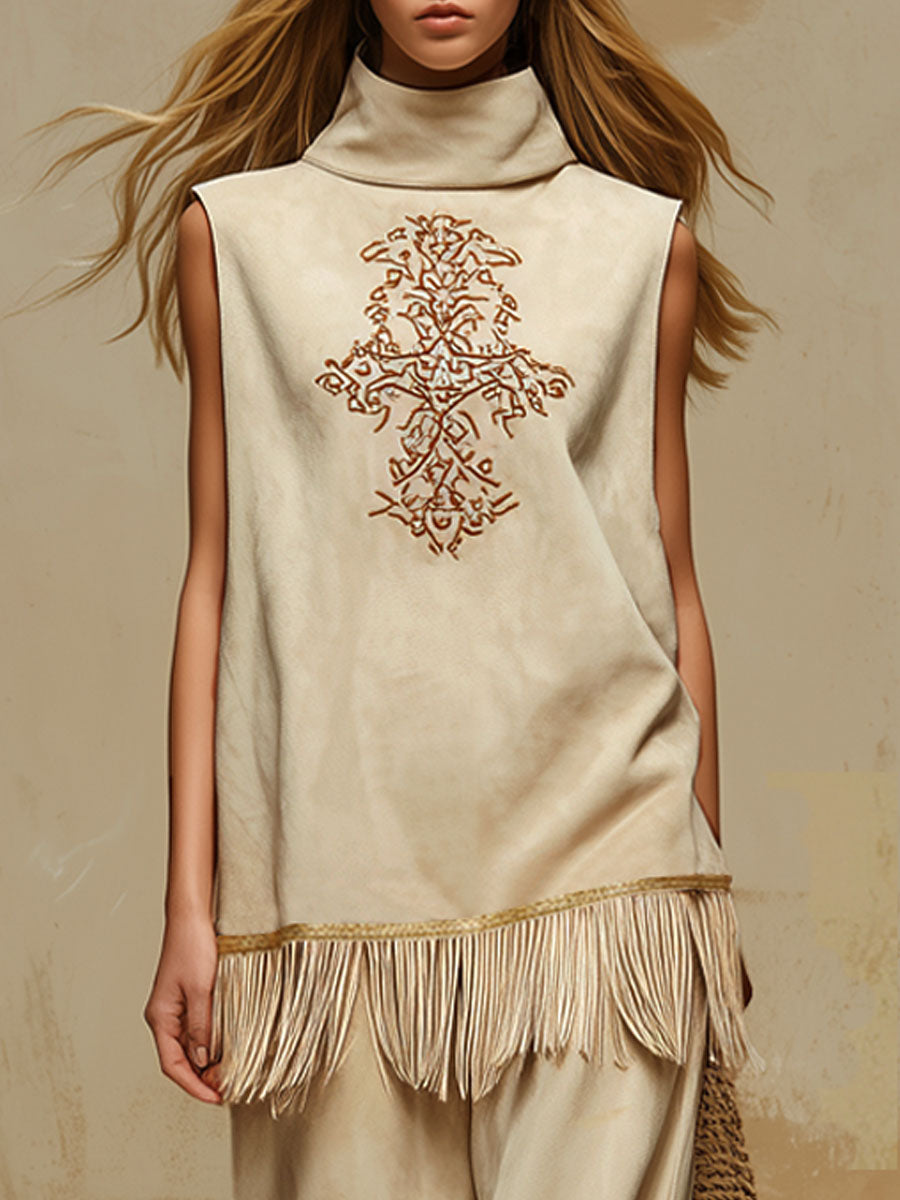 Western-style High-neck Sleeveless Embroidered Fringed Top And Pants Faux Suede Set