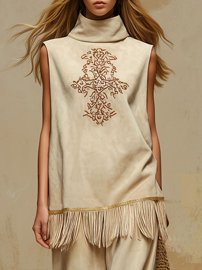 Western-style High-neck Sleeveless Embroidered Fringed Top And Pants Faux Suede Set