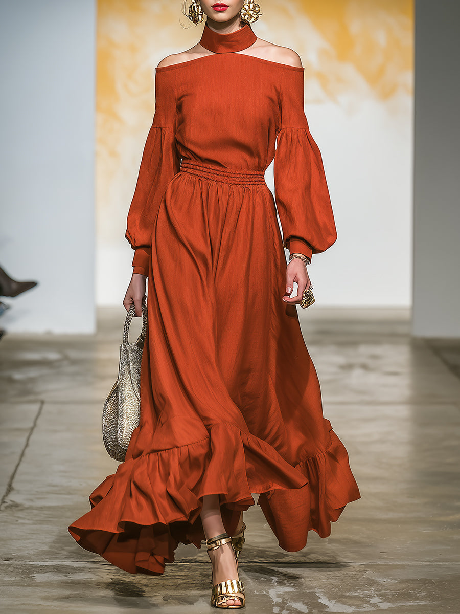 Western-style Rust-red Linen Off-the-shoulder  With A Collared Neckline Maxi Dress