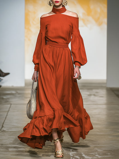 Western-style Rust-red Linen Off-the-shoulder  With A Collared Neckline Maxi Dress