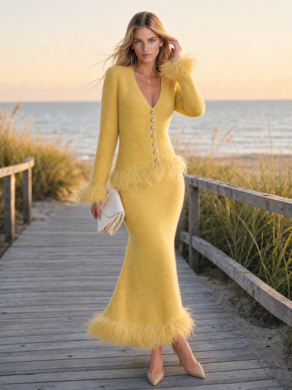Retro-chic Yellow Knitted Skirt Set With Feather Fringe Details