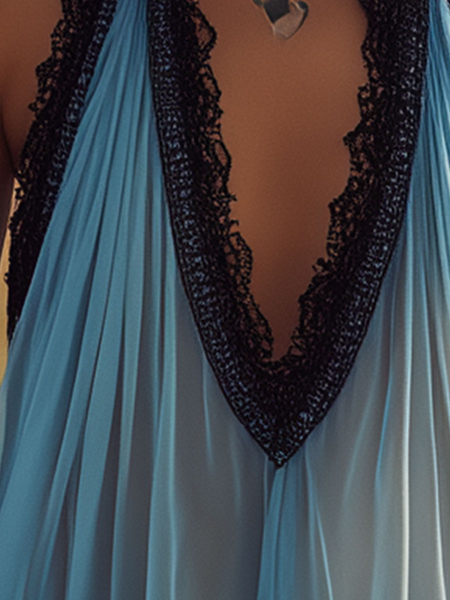 Western Retro Black Lace Blue Sleeveless Chiffon Shirt